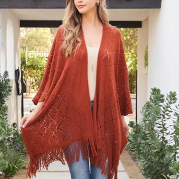 Tops - CROCHET DIAMOND PATTERN FRINGE RUANA KIMONO